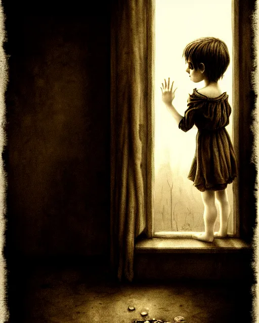 Prompt: creepy child, hopelessness, staring out, sepia, victorian, poor, ultra realistic, concept art, intricate details, cinematic, highly detailed