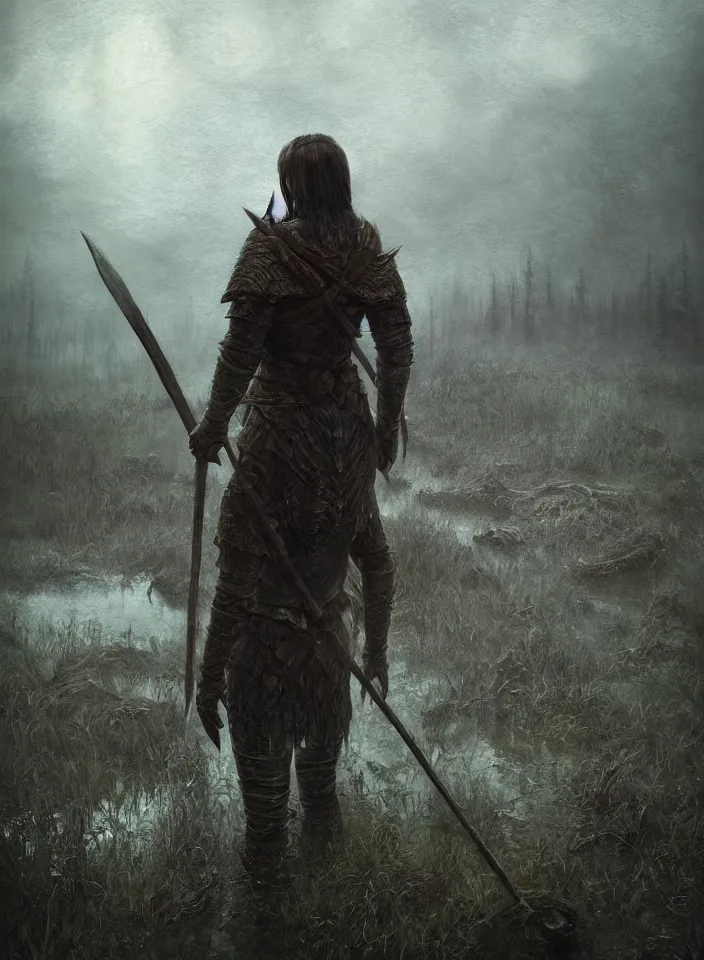 Prompt: a portrait of an nord warrior traveling the marshy swamps from skyrim, fantasy setting, cold environment, serene colors, soft lighting, atmospheric, cinematic, moody, in the style of diego koi, gina heyer, luiz escanuela, art by alyssa monk, hyperrealism, rule of thirds, golden ratio, oil on canvas, 8 k