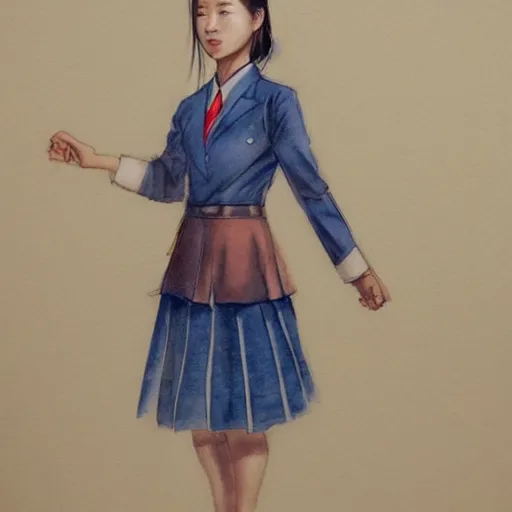 Image similar to a perfect, realistic professional digital sketch of a Chinese schoolgirl posing, in style of Marvel, full length, by pen and watercolor, by a professional American senior artist on ArtStation, a high-quality hollywood-style sketch, on high-quality paper