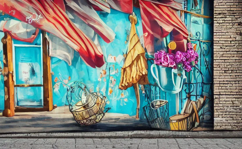 Image similar to a beautiful photo of coffe cup painted on the metal curtain of a shop on the street, mural, art