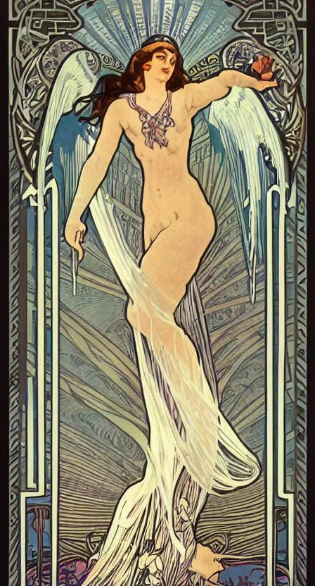 Prompt: a tarot card of a woman, hovering over water with angel wings and she is pouring water between two cups. illustrated in an art deco style by alphonse mucha and an elegant border by tamara de lempika. | studio lighting | digital painting, stunning lighting, trending on artstation