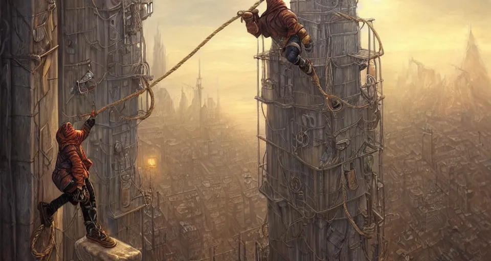 Image similar to landscape painting of a hooded thief in leathers using a rope to climb a tall metal steampunk buildings with a fantasy city, fine details, magali villeneuve, artgerm, rutkowski