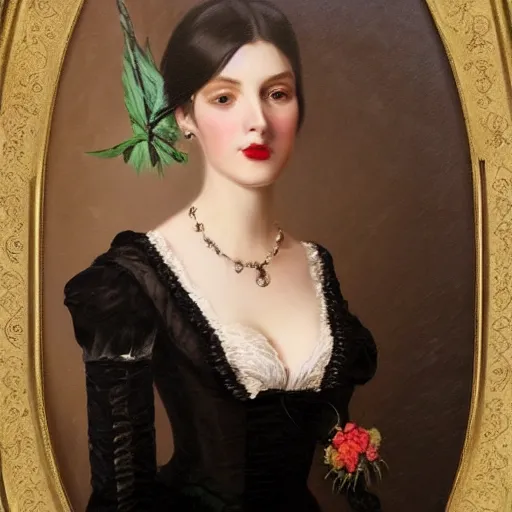 Image similar to a beautiful young woman, pale skin, black long hair, aristocrat, black expensive dress from 1 8 6 0 with green details, oil painting, digital art, studio photo, realistic, artstation, high quality, wild west