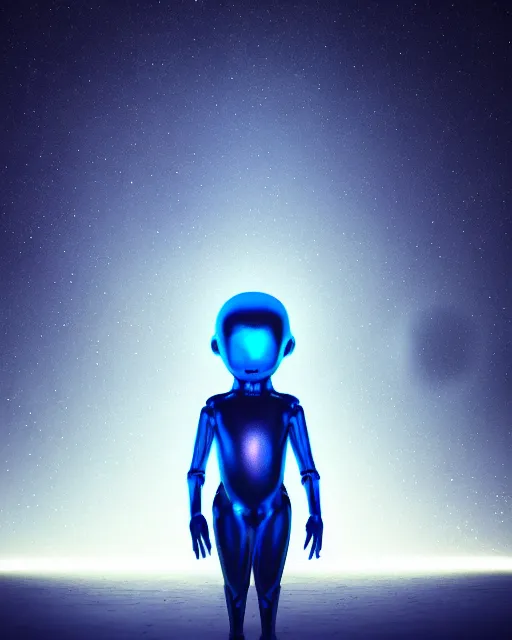 Image similar to humanoid alien child with stars in eyes, 3 d render, real engine, dark mysterious foggy blue atmospheric award winning render by beeple