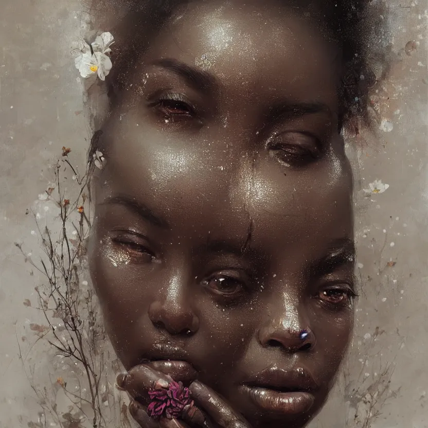 Prompt: detailed portrait of a african woman with beautiful eyes and thick lip forest girl, flowers and trees, by ismail inceoglu dragan bibin hans thoma greg rutkowski alexandros pyromallis nekro rene maritte illustrated, perfect face, fine details, realistic shaded, fine - face, pretty face