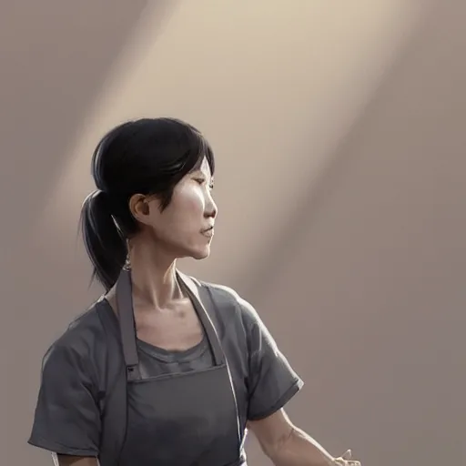 Image similar to portrait of a short muscular middle aged Japanese woman with a short ponytail wearing a gray t shirt and a work apron, dramatic lighting, illustration by Greg rutkowski, yoji shinkawa, 4k, digital art, concept art, trending on artstation