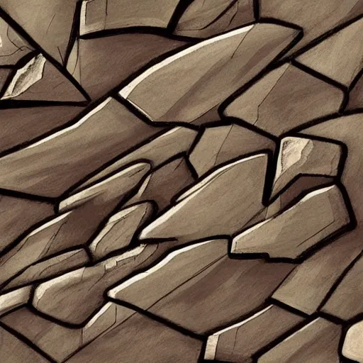 Image similar to masterpiece abstract intricate painting of detailed highly layered angled rocky field along a landscape surface of rectangular shapes. thin pencil rough sketch lines slanting down provide a sense of movement. quarter view angles. beautiful use of light to create a sense of a stony surface. using architectural techniques with an engineering quality and a rich earthy color palette, providing a mathematical feel.