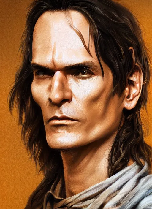 Image similar to steve vai painted by stjepan sejic, golden hour cinematic, detailed matte painting, realistic portrait, symmetrical, highly detailed, digital painting, artstation, concept art, smooth, sharp focus, illustration, cinematic lighting, 8 k resolution