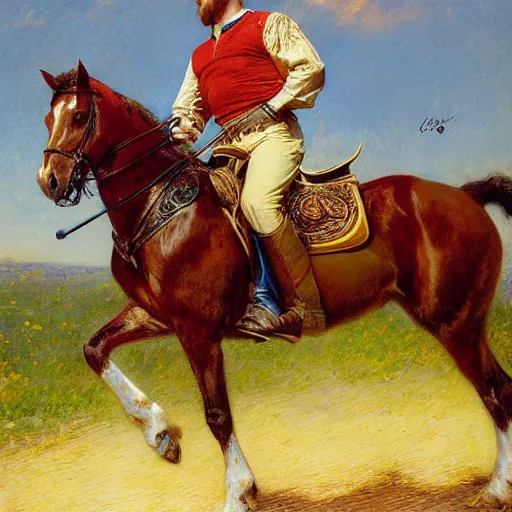 Image similar to attractive lionel messi as attractive lionel messi riding a horse, natural lighting, high quality, very detailed painting, by gaston bussiere, donato giancola, j. c. leyendecker