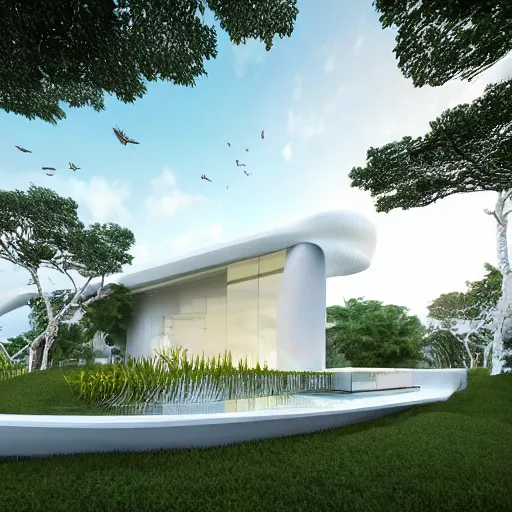 Prompt: evolving fractal, flowing white architectural Villa, futuristic 3D vorono pattern, clay, perforated, lush botanical trees, prairie landscaping, sunrise ,illuminated pool, fluffy clouds