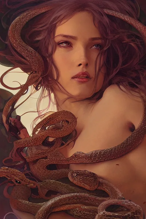 Prompt: beautiful woman lying among snakes, elegant, highly detailed, digital painting, artstation, concept art, smooth, sharp focus, illustration, art by artgerm and greg rutkowski and alphonse mucha