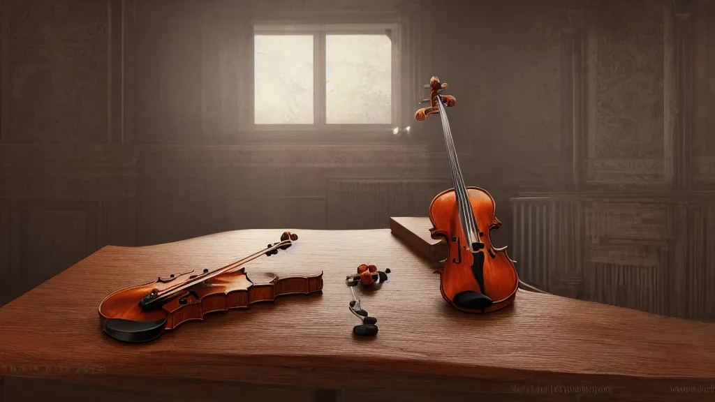 Image similar to a violin on an ancient beautiful ornated wood desk in victorian house, beautiful reflexions, detailed wooden table, photorealistic, photorealism, diffuse light, octane render