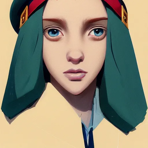 Image similar to symmetrical portrait bust of young woman with shoulder length light brown hair and hazel eyes dressed in a sharp dark teal military uniform and beret, anime, ilya kuvshinov, greg rutkowski, guweiz, ross tran, loish, svetlana tigai, artgerm, artstation trending, concept art, digital painting, painterly