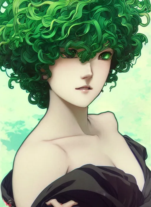 Image similar to detailed portrait art of tatsumaki with green curly hair, art by ross tran ilya kuvshinov krenz cushart, by alphonse mucha, very detailed, intricate, digital anime art, sharp focus