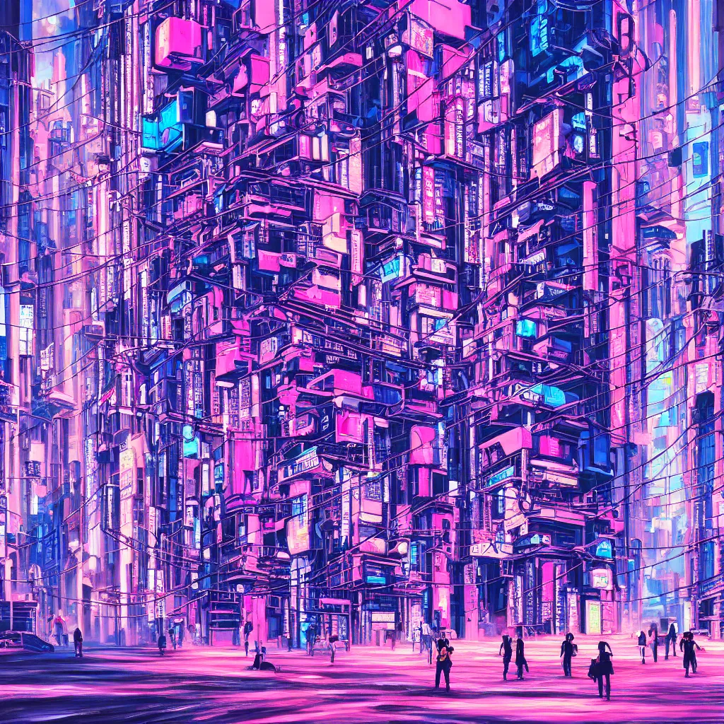 Prompt: oil painting of a cyberpunk metropolis, fuchsia and blue, crowded people occupying buildings and outdoors, tokyo, textured