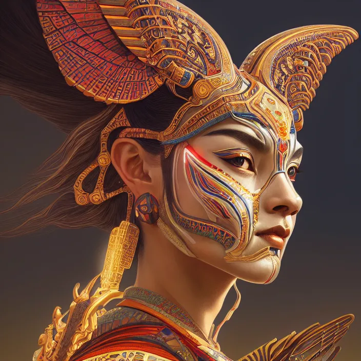 Image similar to symmetry! portrait of a sphinx, face decorated with chinese opera motifs, leds horizon zero dawn machine, intricate, elegant, highly detailed, digital painting, artstation, concept art, smooth, sharp focus, illustration, art by artgerm and greg rutkowski and alphonse mucha, 8 k