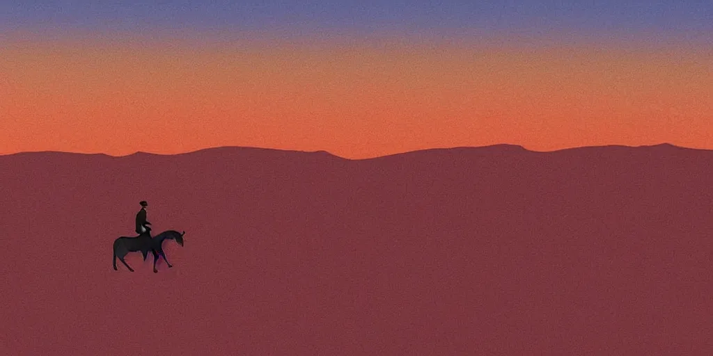 Prompt: i, cityscape view of a man riding a horse in a blue desert, pink sky, by Moebius