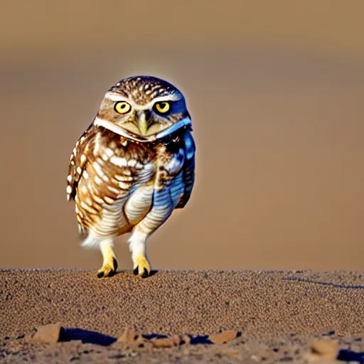 Image similar to a picture of a burrowing owl that didn't sleep standing or perched, he slept in what could be described as a squat with his short stubby tail supporting him and his legs splayed out to the sides