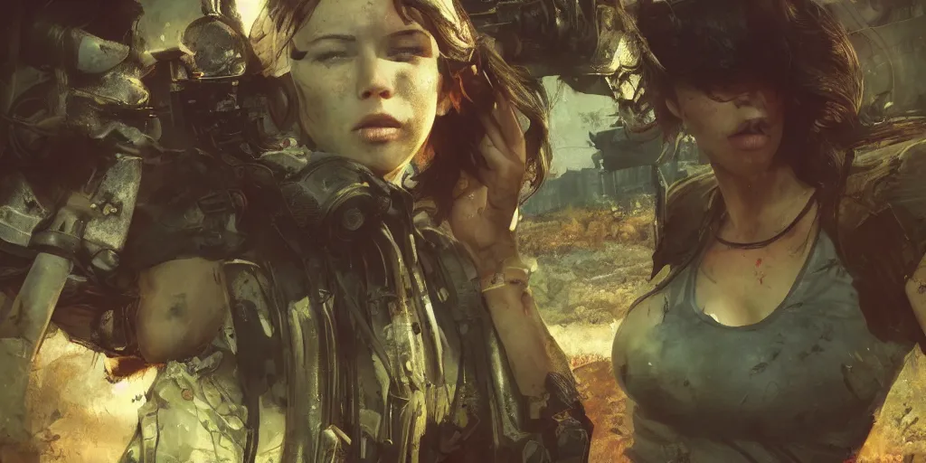 Image similar to fallout 5 : miami, charismatic beautiful rugged brunette female protagonist, portrait, outdoors ruined cityscape, atmospheric lighting, painted, intricate, volumetric lighting, beautiful, summer, sunny weather, few clouds, sharp focus, deep colours, ultra detailed, by leesha hannigan, ross tran, thierry doizon, kai carpenter, ignacio fernandez rios