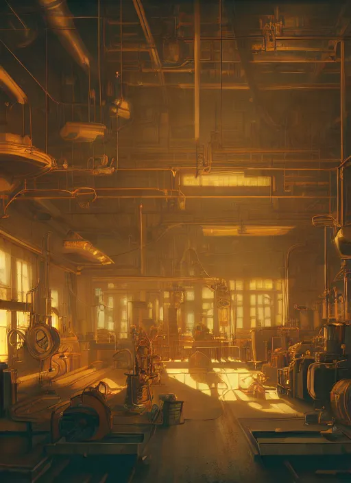 Prompt: beautiful interior of a steampunk factory, james gilleard, delphin enjolras, goro fujita, makoto shinkai, paul lehr, volumetric lighting, octane render, very coherent, trending on artstation