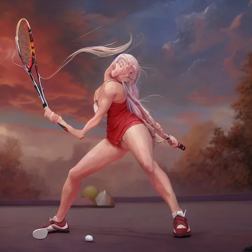 Image similar to shalltear bloodfallen playing tennis, detailed, centered, digital painting, artstation, concept art, donato giancola, joseph christian leyendecker, wlop, boris vallejo, breathtaking, 8 k resolution, extremely detailed, beautiful, establishing shot, artistic, hyperrealistic, beautiful face, octane render, cinematic lighting, dramatic lighting, masterpiece