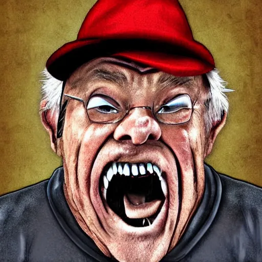 Image similar to a hilarious grumpy old man wearing a funny hat and has the expression of screaming and yelling, shaking his fist at those darn kids again! Digital art, humorous