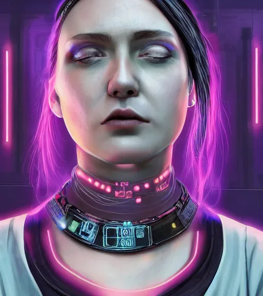 Image similar to detailed realistic female character cyberpunk wearing thick steel collar around neck, realistic, art, beautiful, 4K, collar, choker, collar around neck, punk, artstation, detailed, female, woman, choker, cyberpunk, neon, punk, collar, choker, collar around neck, thick collar, tight around neck, punk, neon,