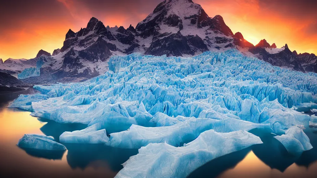 Image similar to amazing landscape photo of a glacier in sunset by marc adamus, beautiful dramatic lighting