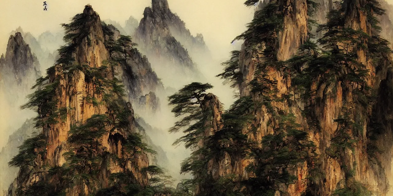 Image similar to the taoist temples of huangshan, artwork by thomas moran