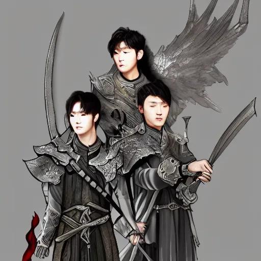 Prompt: korean pop boy band as lord of the rings characters, realistic, digital art, artstation, intricate armor, elegant
