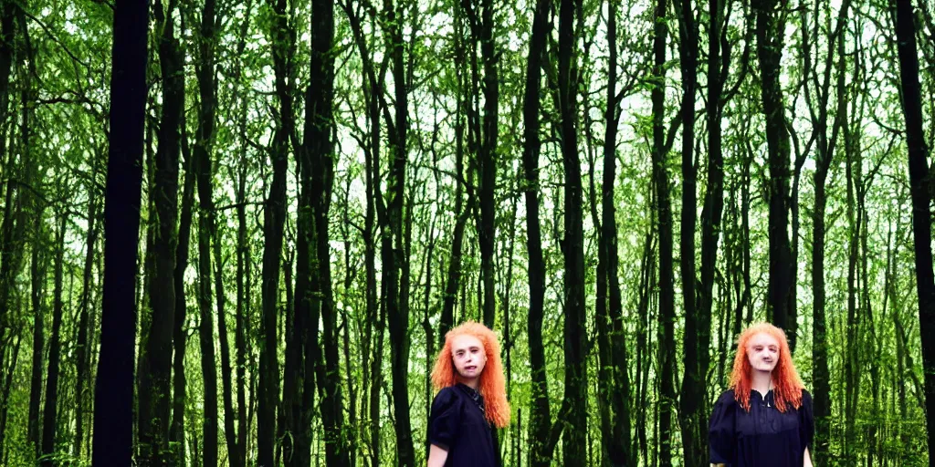 Prompt: a strawberry blonde frizzy haired teenage girl in a floor length black skirt and a short sleeved dark green blouse stands in a dark forest dimly lit by blue light