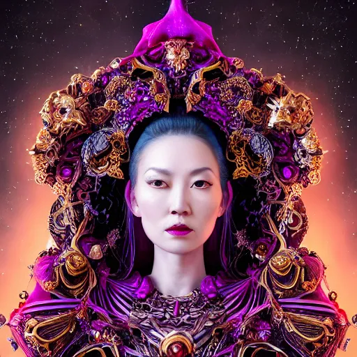 Image similar to a beautiful empress portrait, with a brilliant, impossible striking big cosmic galaxy headpiece, clothes entirely made out of cosmos chaos energy, symmetrical, dramatic studio lighting, rococo, baroque, jewels, asian, hyperrealism, closeup, D&D, fantasy, intricate, elegant, highly detailed, digital painting, artstation, octane render, 8k, concept art, matte, sharp focus, illustration, art by Artgerm and Greg Rutkowski and Alphonse Mucha