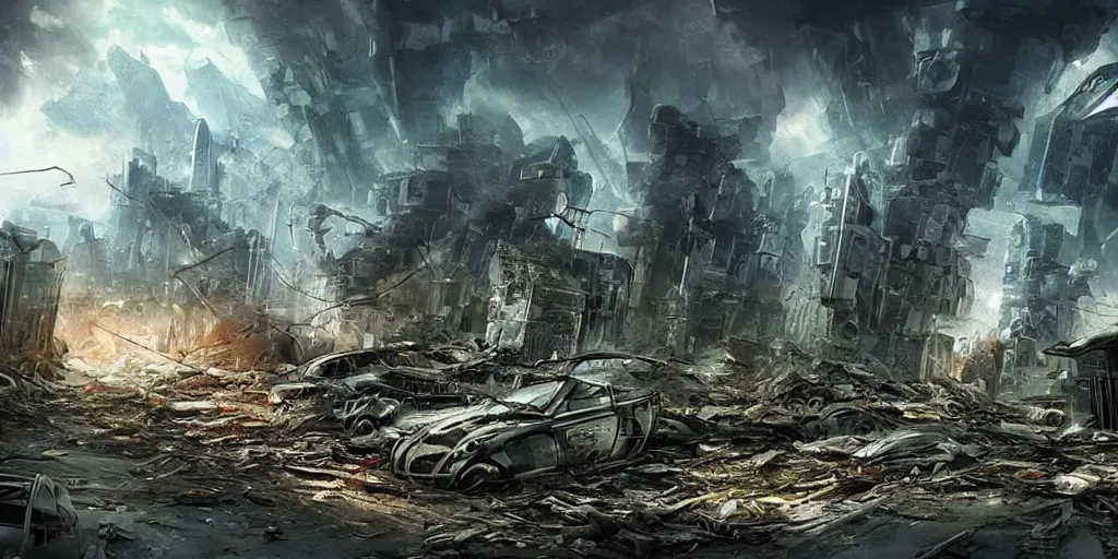 Image similar to damaged city, high - tech, concept art, forest, tornado, war, spaceship