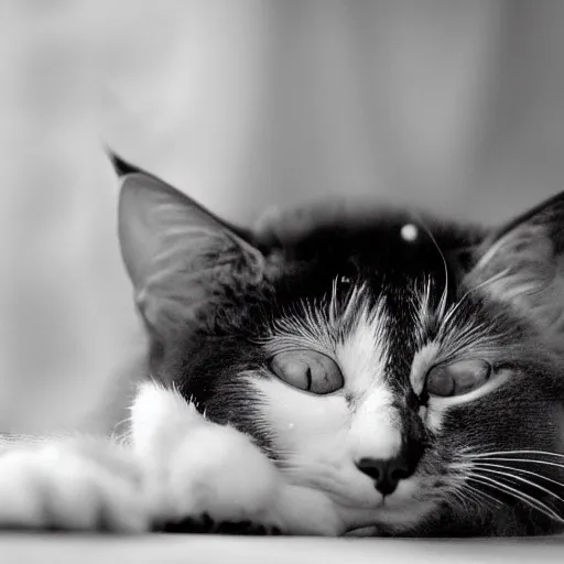 Prompt: snowshoe cat sleeping on a lap, b & w photograph, high resolution,