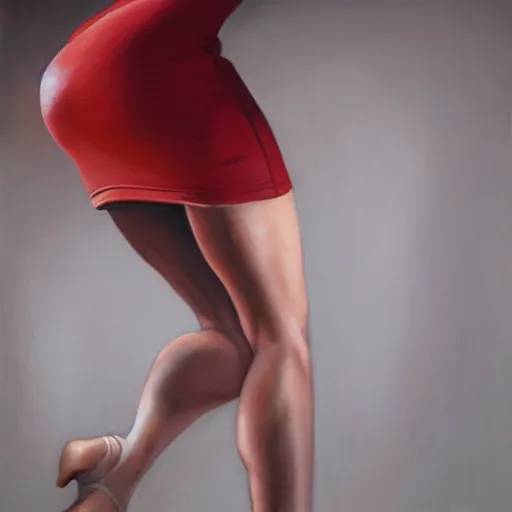 Prompt: A hyper realistic painting of a woman lifting her skirt while bending over
