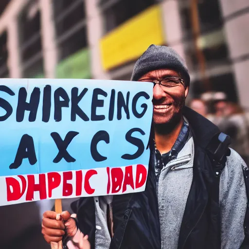 Image similar to photograph of smiling man holding a protest sign saying'dhsvdoabdjxhs sjsjsjdj djdididk ', high detail, 8 k resolution