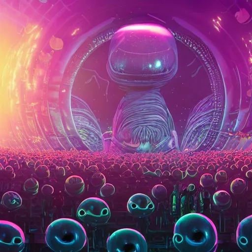 Image similar to a big concert in an alien planet, weird creatures, alien scenery, lots of people, big lights, volumetric, concert lights wide angle lens, digital art