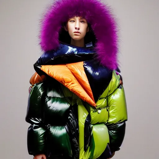 Prompt: extremely beautiful photograph of a woman wearing a multicolored oversized very baggy large puffer jacket in the style of vetements, well lit, studio lighting, glossy, vogue, very realistic and beautiful fashion photography, moncler genius, balenciaga, yeezy, kanye west, balenciaga, vetements