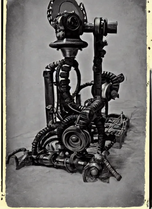 Image similar to 1 8 8 5 photo of a steampowered riveted glados from portal 2, daguerrotype, high quality