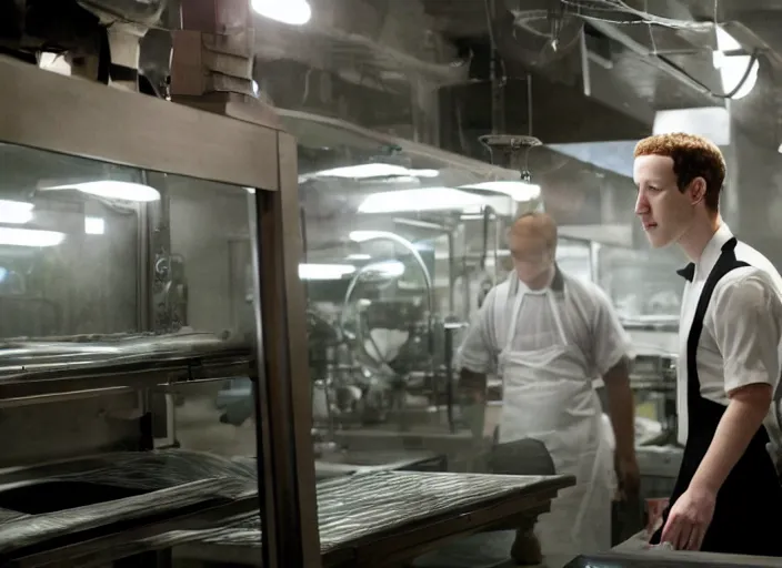 Image similar to film still of mark zuckerberg as agent smith working in a bakery in the new matrix movie, 4 k