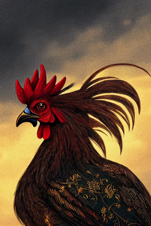 Prompt: a beautiful tarot card artwork of a rooster in armour, horror, backlit, gloomy sky, highly detailed, digital painting, intricate golden threads, by kevin siembieda, vivid colors, detailed shading, 8 k resolution, intricate, smooth