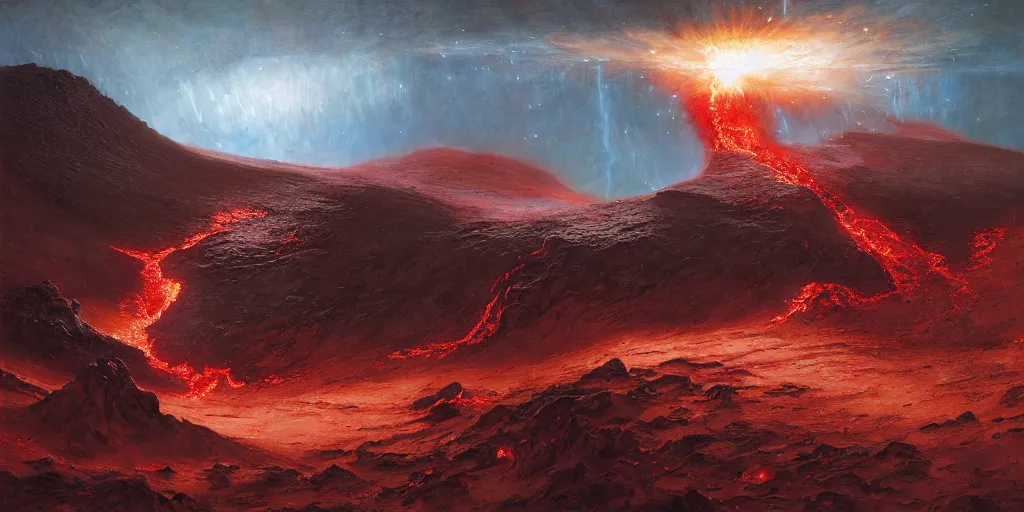 Image similar to supernova, alien surface planet, asteroids and fallings stars, volcano, lava river, red desert mars, painted by ruan jia, raymond swanland, lawrence alma tadema, zdzislaw beksinski, norman rockwell, jack kirby, tom lovell, alex malveda, greg staples