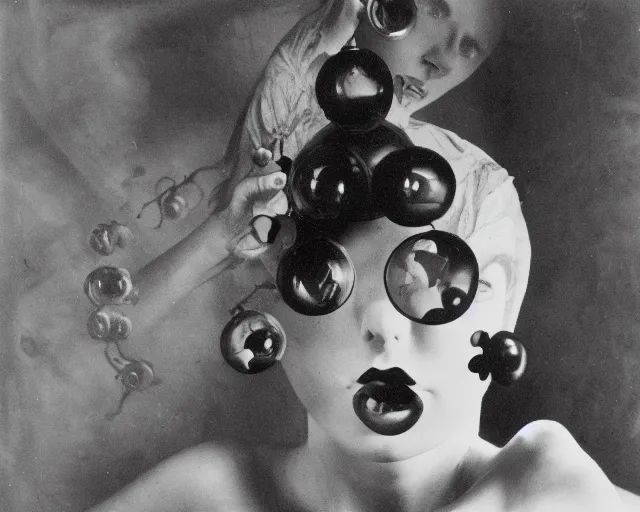 Prompt: a vintage black and white photo of a woman in a fish bowl, a surrealist sculpture by Claude Cahun, tumblr, art nouveau, hall of mirrors, surrealist, 1920