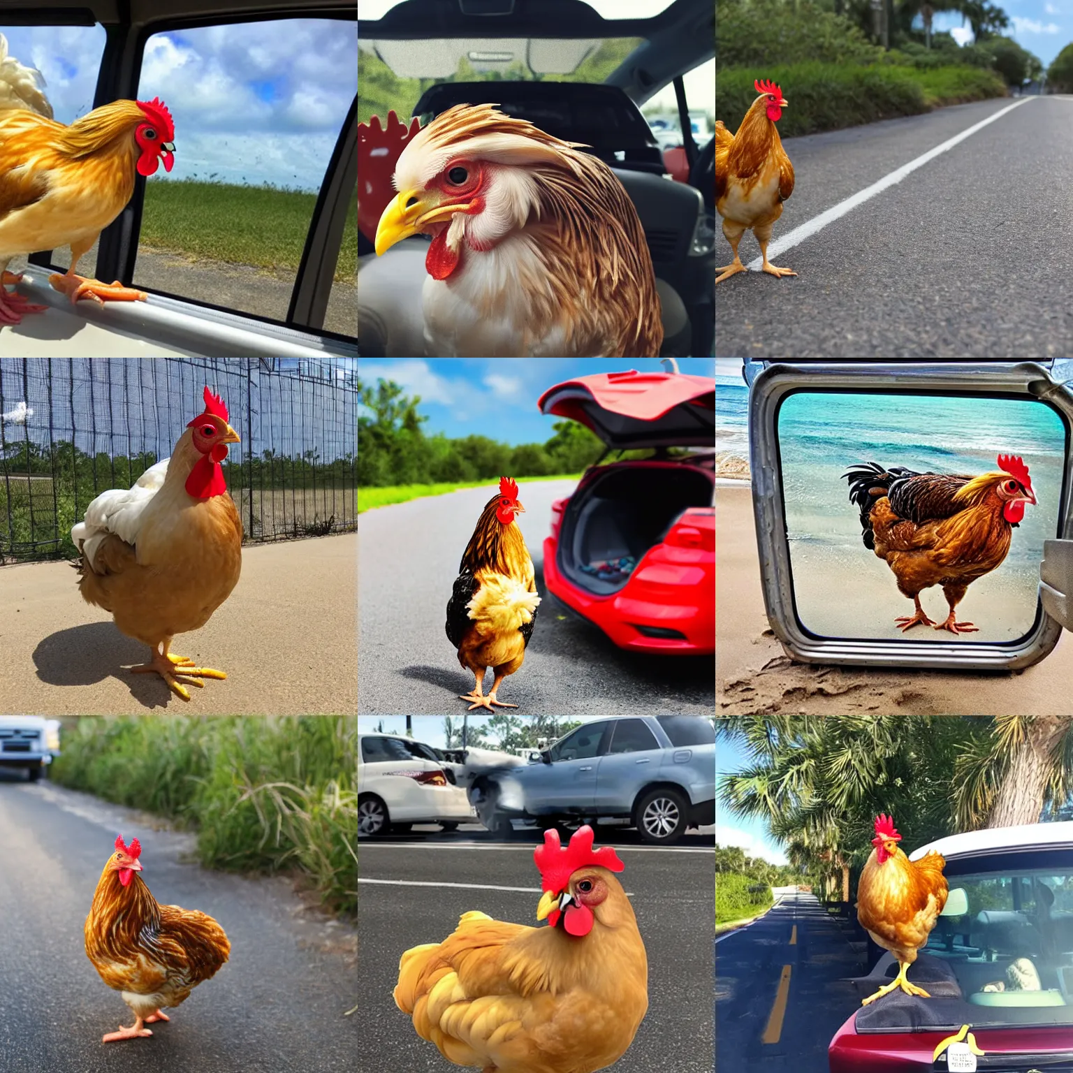 Prompt: chicken goes on a road trip to florida