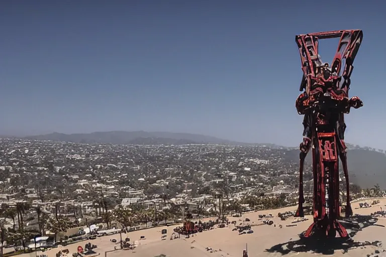 Image similar to cinematography of giant Mech on Santa Monica peer By Emmanuel Lubezki