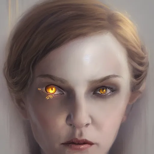 Image similar to a detailed matte head - on portrait painting of an middle - aged half - tiefling noblewoman with golden eyes and short well kept hair, by charlie bowater, lise deharme, wlop, tending on arstation, dungeons and dragon, dnd, pathfinder, fanart, oil on canvas