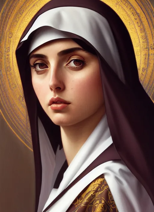 Prompt: portrait of ana de armas as a nun, catholic, church, bible, christian, intrigante, headshot, highly detailed, digital painting, artstation, concept art, sharp focus, cinematic lighting, illustration, art by artgerm and greg rutkowski, alphonse mucha, cgsociety