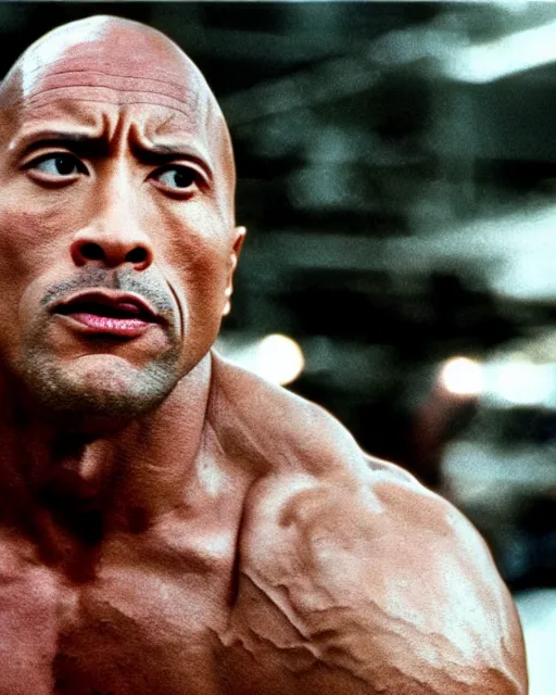 Image similar to Film still close-up shot of Dwayne Johnson as Rocky Balboa from the movie Rocky. Photographic, photography