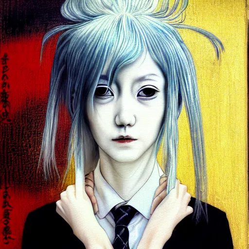 Image similar to yoshitaka amano blurred and dreamy realistic three quarter angle portrait of a young woman with white hair and black eyes wearing dress suit with tie, junji ito abstract patterns in the background, satoshi kon anime, chungking express color palette, noisy film grain effect, highly detailed, renaissance oil painting, weird portrait angle, blurred lost edges