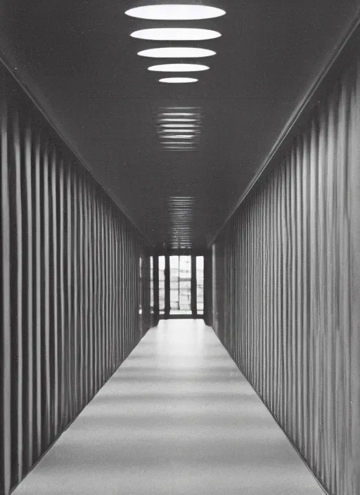 Prompt: a photograph of a hallway designed by louis kahn, 3 5 mm, film camera, dezeen, architecture, center framing